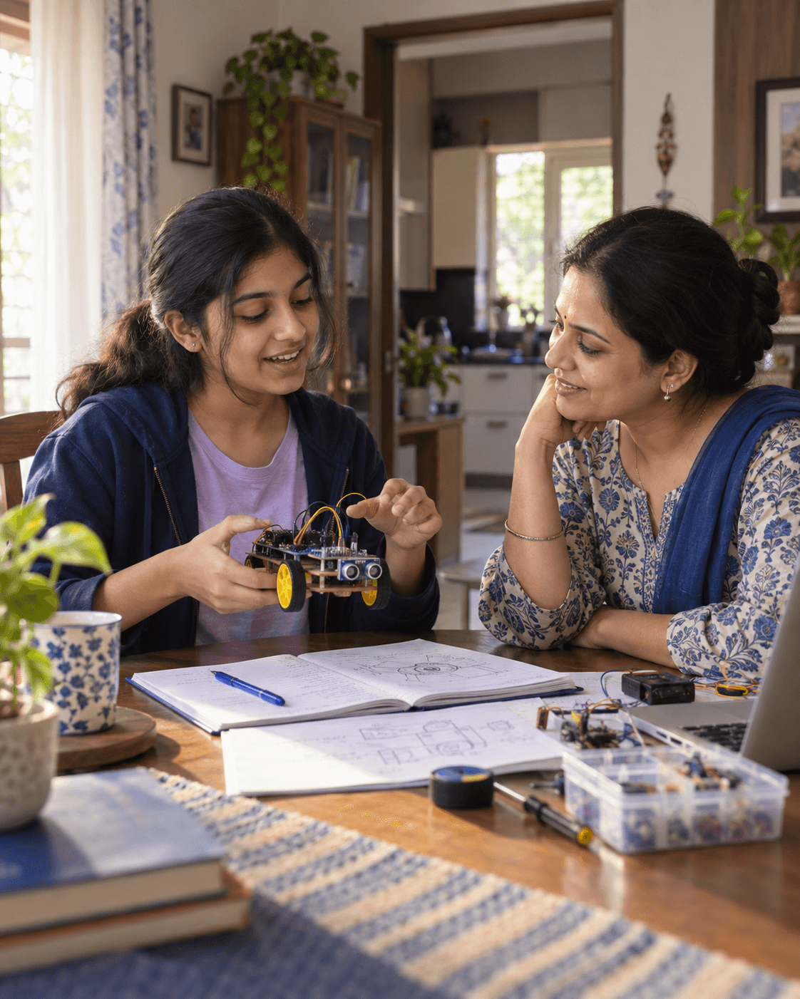 A student showing her handmade robotics project to her mother at home